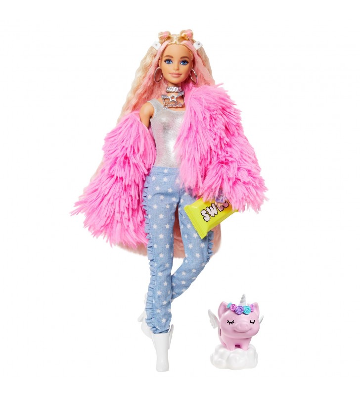 Barbie Extra Doll No3 in Pink Coat with Pet Unicorn-Pig