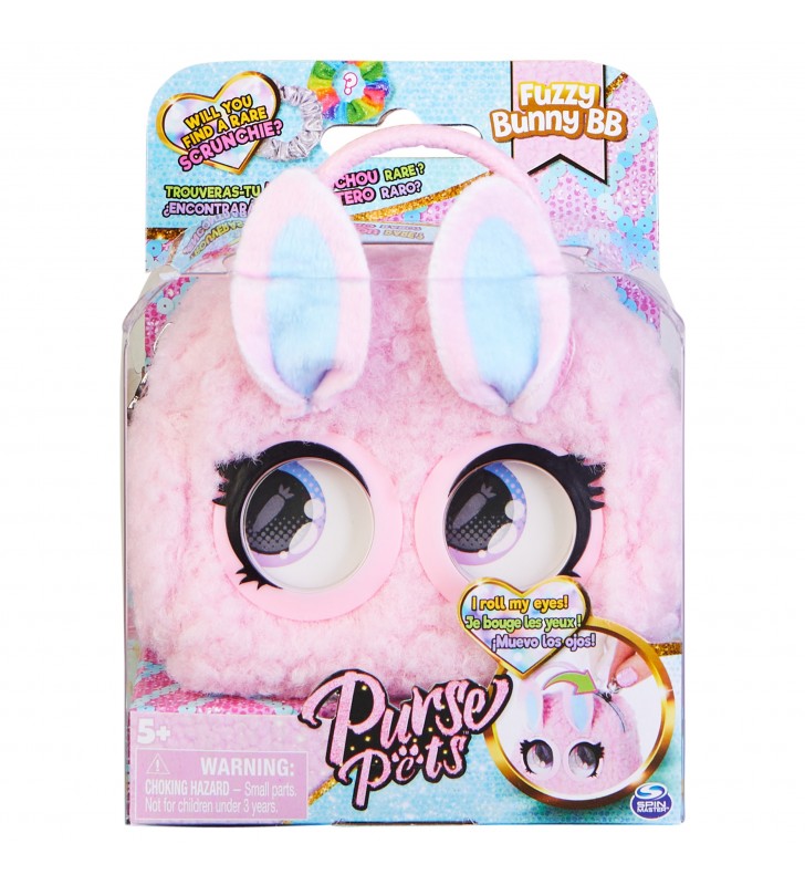 Purse Pets Micros, Fuzzy Bunny BB Stylish Small Purse with Eye Roll Feature Roz Băiat/Fată Geantă de mână