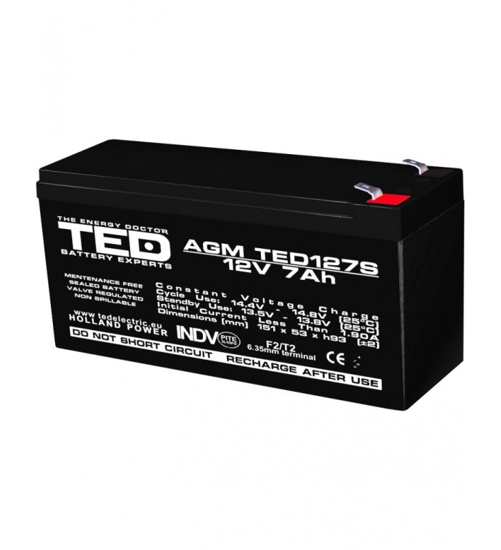 Acumulator stationar 12V 7Ah F2 dimensiuni speciale AGM VRLA TED Electric TED127S