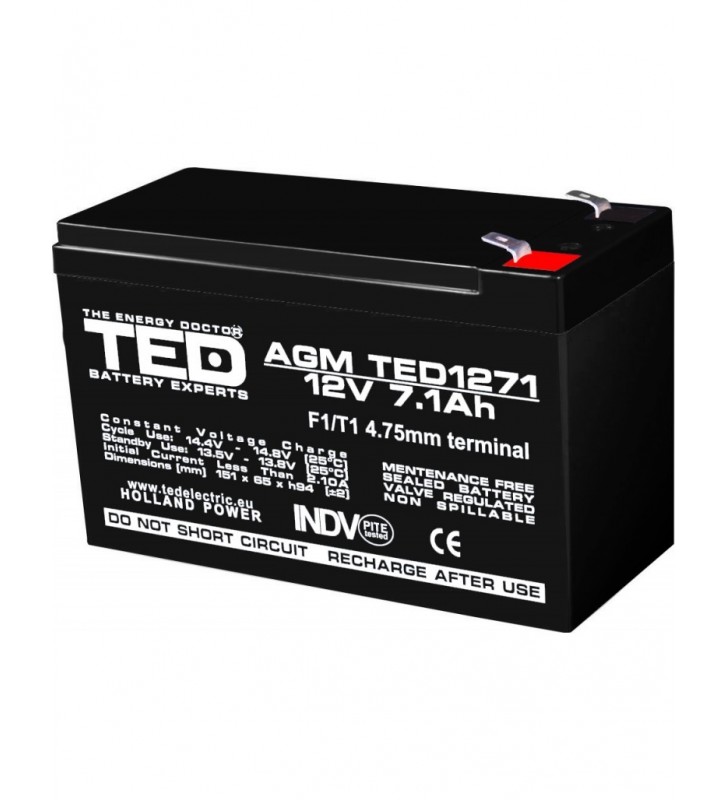 Acumulator stationar 12V 7,1Ah F1 AGM VRLA TED Electric TED1271F1