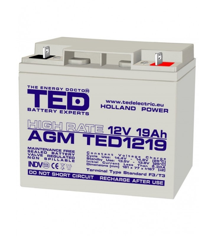 Acumulator stationar 12V 19Ah High Rate F3 AGM VRLA TED Electric TED1219