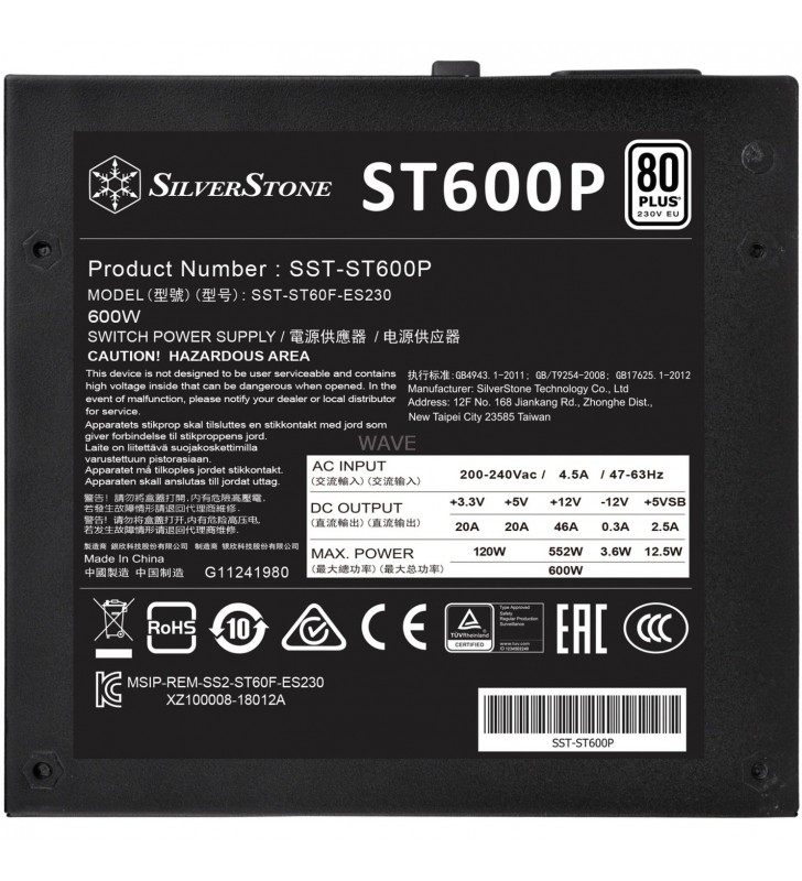 SilverStone  SST-ST600P 600W, sursă de alimentare pentru computer (negru, 2x PCIe, 600 wați)