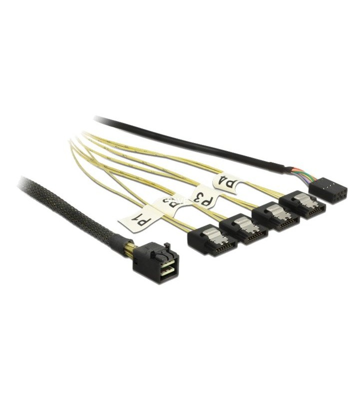 Cablu adaptor DeLOCK  Mini SAS HD SFF-8643 - 4x SATA 7 pini invers (negru, 1 metru, cu bandă laterală)