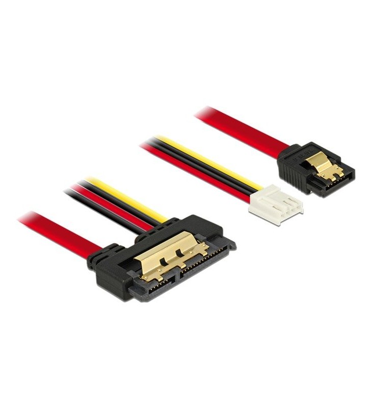 Cablu adaptor DeLOCK  SATA 7pin + floppy 4pin - SATA 22pin (negru/roșu, 30 cm, conector cu 22 de pini drept)