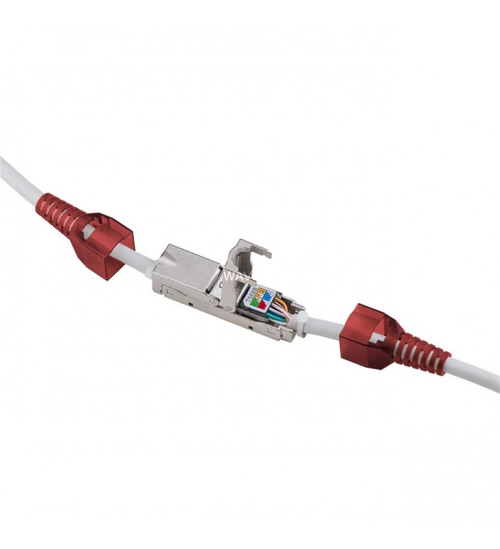conector cablu goobay fără  scule „subțire” Cat.6, STP, cuplare (gri/rosu, interior)