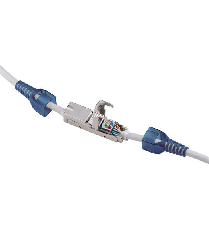 conector cablu goobay fără  scule „subțire” Cat.6a, STP, cuplare (gri/albastru, interior)