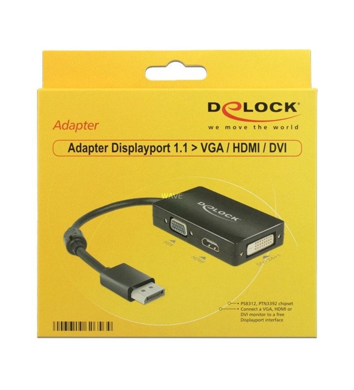 Adaptor DeLOCK  Displayport - VGA/HDMI/DVI-D (negru, 16 cm)