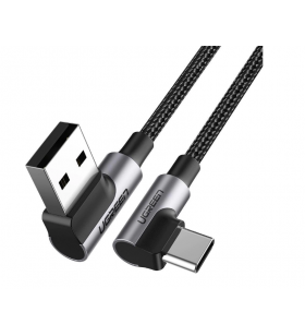 CABLU alimentare si date Ugreen, "US176", Fast Charging Data Cable pt. smartphone, USB la USB Type-C 3A Complete Angled 90°, braided, 0.5m, negru "20855" (include TV 0.06 lei) - 6957303828555