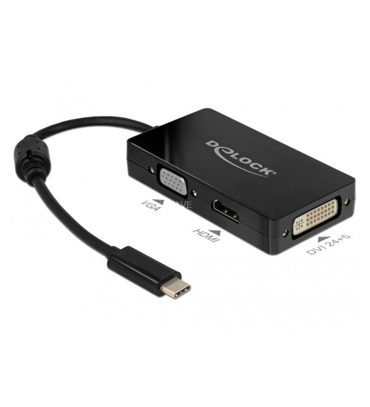 Adaptor DeLOCK  USB-C (mascul) - VGA / HDMI / DVI (femă) (negru, 13 cm)