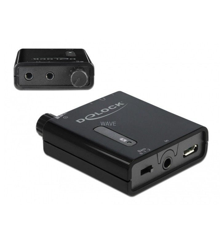 Amplificator portabil pentru căști stereo DeLOCK  cu două ieșiri și amplificare a basului (negru)