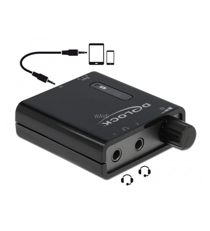 Amplificator portabil pentru căști stereo DeLOCK  cu două ieșiri și amplificare a basului (negru)