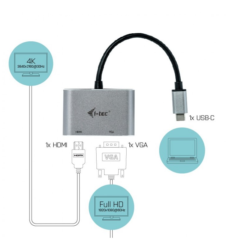 i-tec Metal C31VGAHDMIADA adaptor grafic USB 3840 x 2160 Pixel Argint, Turcoaz