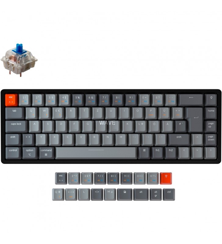 Keychron  K6, tastatură pentru jocuri (negru/gri, aspect DE, Gateron Blue, cadru de aluminiu, RGB)