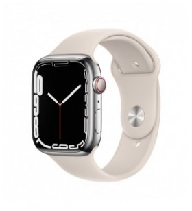 Resigilat: Apple Watch 7 GPS + Cellular, 45mm Silver Stainless Steel Case, Starlight Sport Band