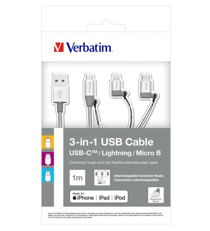 Verbatim 48870 cabluri USB 1 m USB A Micro-USB B Aluminiu, Gri