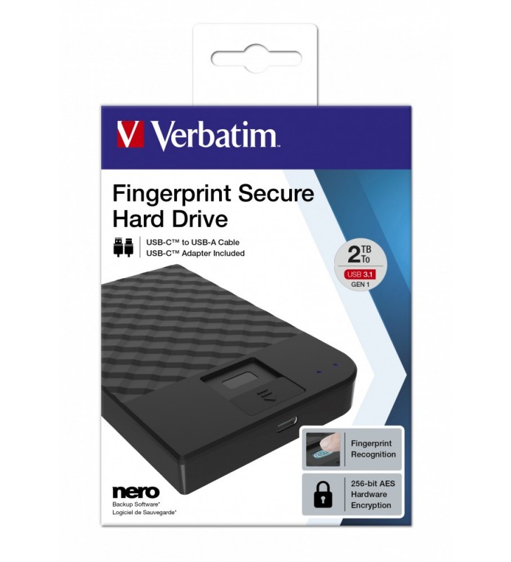 Verbatim Fingerprint Secure hard-disk-uri externe 2000 Giga Bites Negru
