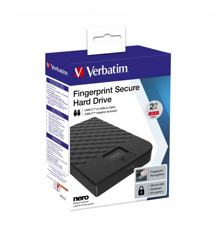 Verbatim Fingerprint Secure hard-disk-uri externe 2000 Giga Bites Negru