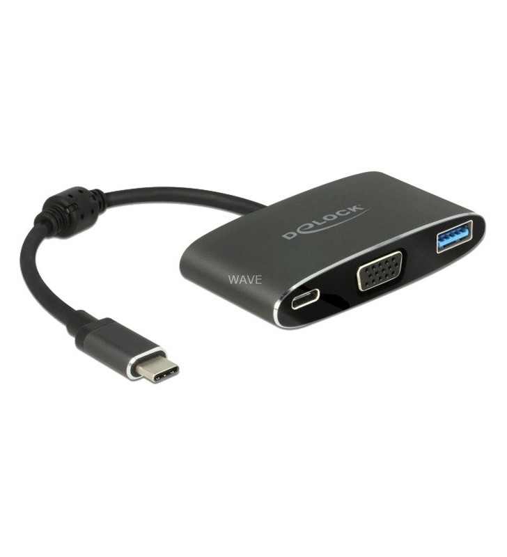 Adaptor DeLOCK  USB-C (male) - VGA + USB-A 3.1 Gen1 + USB-C (female) (negru, 20 cm)