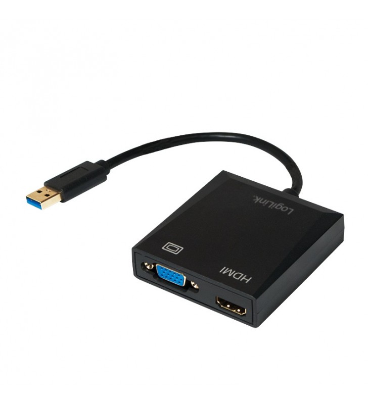 CABLU video LOGILINK, splitter USB 3.0 (T) la HDMI (M) + VGA (M), 10cm, rezolutie maxima Full HD (1920 x 1080) la 60 Hz, negru,
