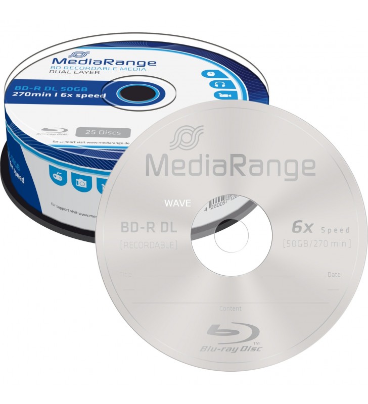 MediaRange  BD-R Dual Layer 50 GB suport Blu-ray (de 6 ori, 25 de bucăți)