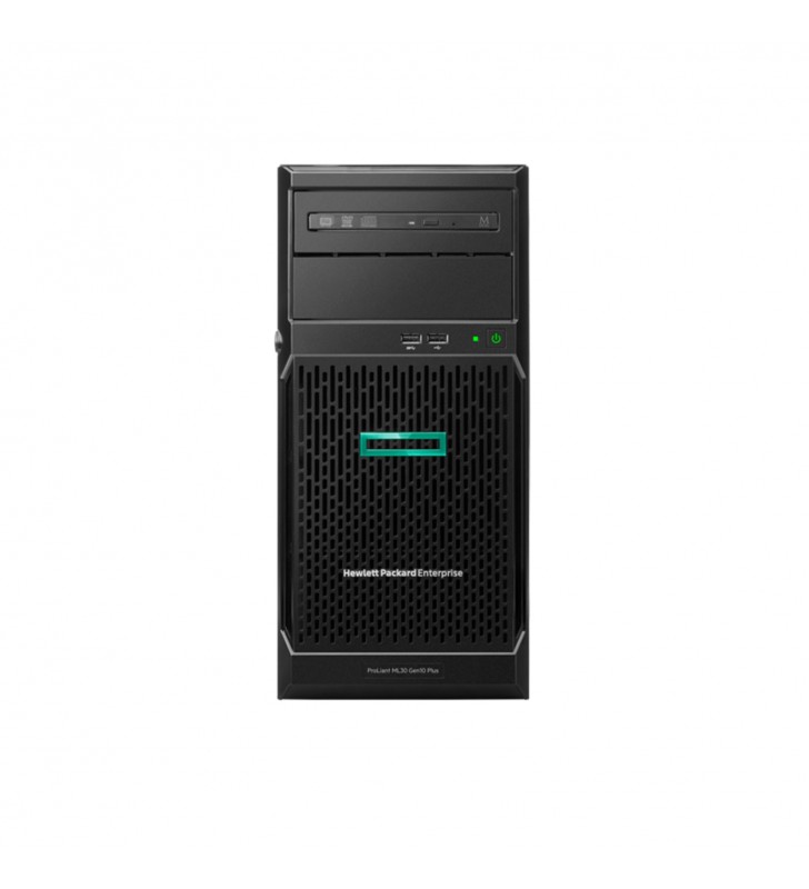 HPE ProLiant ML30 Gen10 Plus tower server with one Intel® Xeon® E-2314 processor, 16 GB memory, 4 large form factor non-hot-plug chassis, and one 350W non-hot-plug power supply