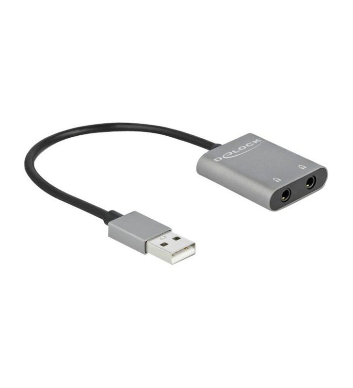 Splitter audio DeLOCK  USB-A - 2x mufă jack, metal, splitter și comutatoare (gri/negru, 15 cm)