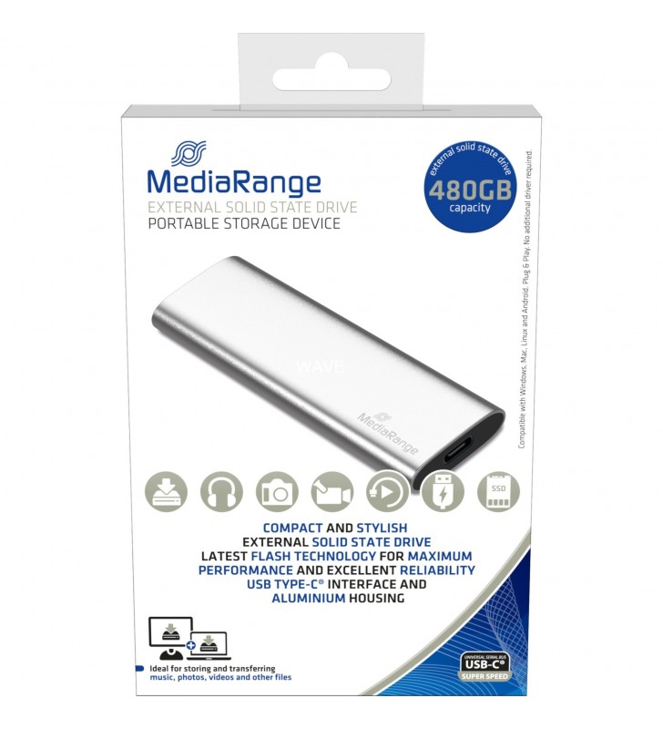 MediaRange 480 GB  , SSD extern (argintiu, USB-C 3.2 Gen 2 (10 Gbps))