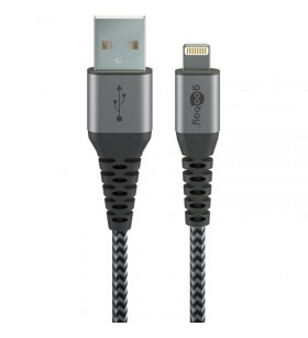 Cablu textil goobay  Lightning USB-A cu mufe metalice (gri/argintiu, 2 metri)