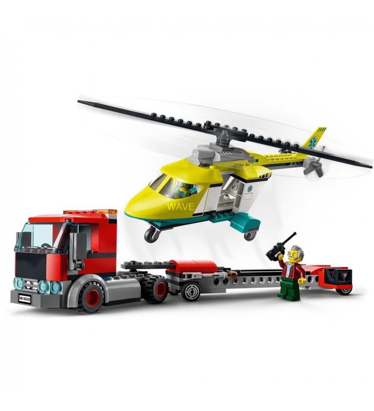 Jucărie de construcție LEGO  60343 City Transporter cu elicopter (Jucărie de la 5 ani cu camion, elicopter de salvare și minifigurine, idee de cadou)