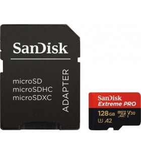 Card de memorie SanDisk Extreme Pro, 128GB, 170 MB/s Citire, 90 MB/s Scriere, Class 10 UHS Speed Class 3 + Adaptor SD
