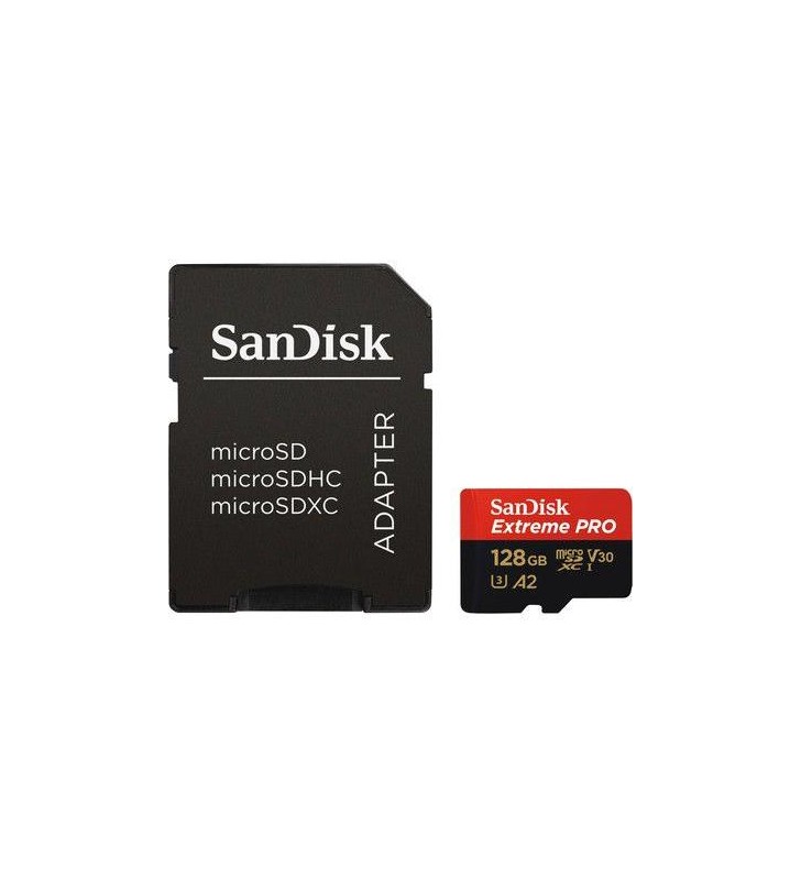 Card de memorie SanDisk Extreme Pro, 128GB, 170 MB/s Citire, 90 MB/s Scriere, Class 10 UHS Speed Class 3 + Adaptor SD