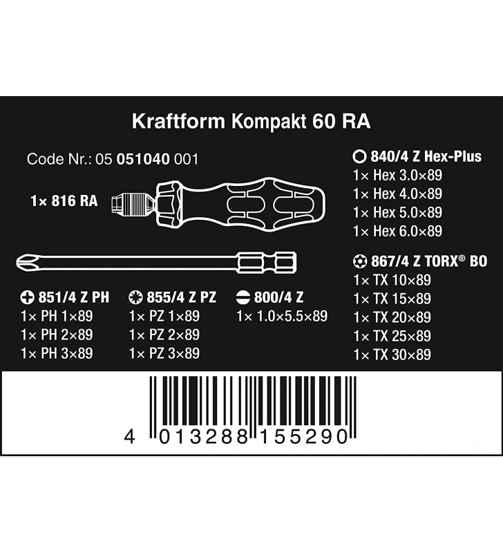 Wera Kraftform Compact 60 RA bit holder-screwdriver set 1/4" - 17-pieces - 05051040001