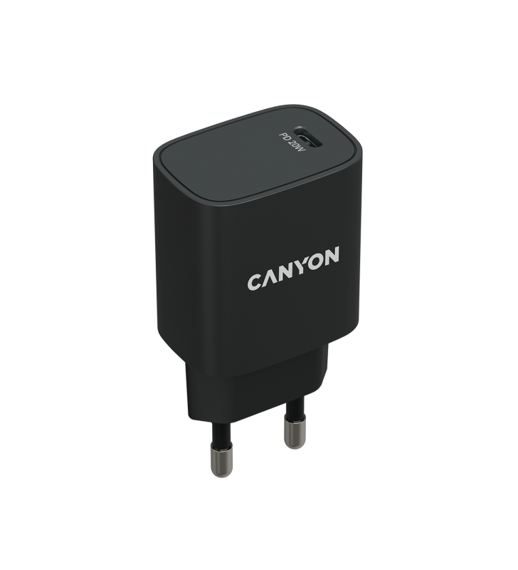 Canyon, PD 20W Input: 100V-240V, Output: 1 port charge: USB-C:PD 20W (5V3A/9V2.22A/12V1.67A) , Eu plug, Over- Voltage , over-heated, over-current and short circuit protection Compliant with CE RoHs,ERP. Size: 80*42.3*30mm, 55g, White
