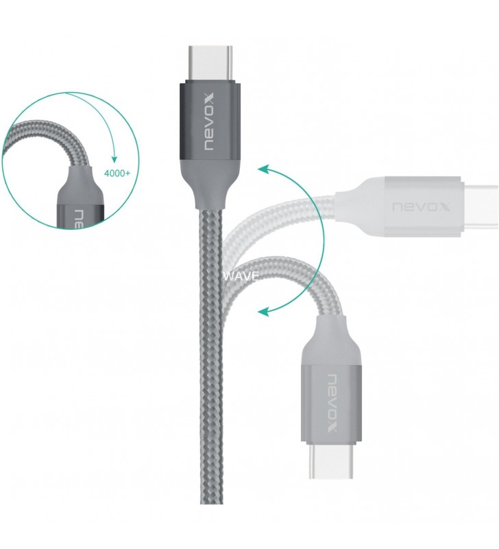 Cablu Nevox  USB Tip C - USB 3.0 (argintiu, 1 metru, manșon din nailon împletit)
