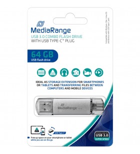 Memorie combo MediaRange  64 GB, stick USB (argintiu/transparent, USB-A 3.2 Gen 1, USB-C 3.2 Gen 1)