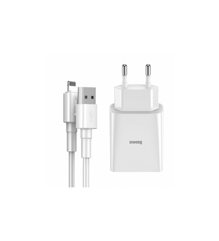 INCARCATOR RETEA Baseus Speed Mini Dual U Travel, 2 x USB Output 5V/2.1A max, total output 10.5W, include cablu USB la Lightning Iphone 1m, alb "TZCCFS-R02" (include TV 0.75lei) - 6953156219373