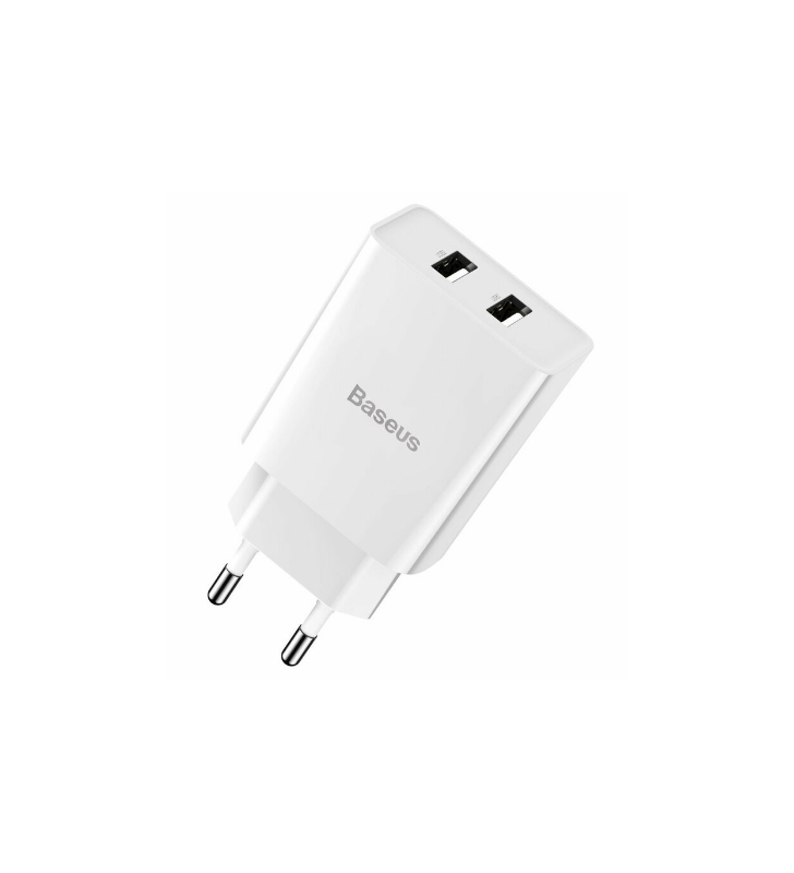 INCARCATOR RETEA Baseus Speed Mini Dual U Travel, 2 x USB Output 5V/2.1A max, total output 10.5W, include cablu USB la Lightning Iphone 1m, alb "TZCCFS-R02" (include TV 0.75lei) - 6953156219373