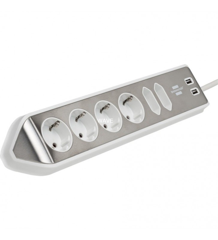 Brennenstuhl  estilo priză de colț cu 6 căi (alb/oțel inoxidabil, 2x USB)