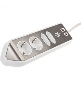 Brennenstuhl  estilo priză de colț cu 4 căi (alb/oțel inoxidabil, 2x USB)