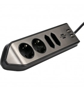 Brennenstuhl  estilo priză de colț cu 4 căi (negru/oțel inoxidabil, 2x USB)