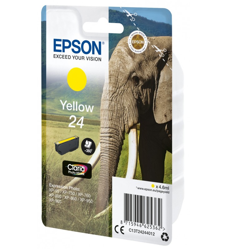 Epson Elephant Singlepack Yellow 24 Claria Photo HD Ink