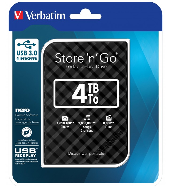 Verbatim Store 'n' Go hard-disk-uri externe 4000 Giga Bites Negru