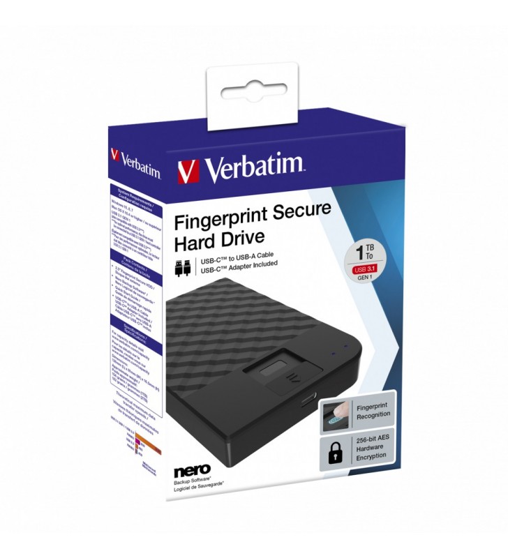 Verbatim Fingerprint Secure hard-disk-uri externe 1000 Giga Bites Negru