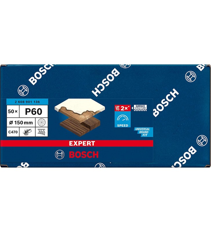 Bosch Professional 50x Expert C470 Sandpaper (for Hardwood, Paint on wood, Ø 150 mm, Grit 60, Accessories Random Orbital Sander)
