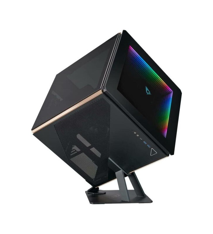 AZZA Regis - ATX Cube PC Case with ARGB Infinity Mirror, Detachable Tempered Glass and Brushed Aluminum Panels, Gold Frame, Versatile Design, Angled Bracket, 140mm Fan and PWM/ARGB Hub