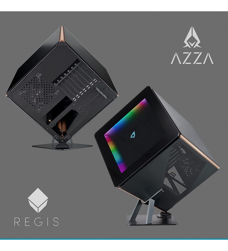 AZZA Regis - ATX Cube PC Case with ARGB Infinity Mirror, Detachable Tempered Glass and Brushed Aluminum Panels, Gold Frame, Versatile Design, Angled Bracket, 140mm Fan and PWM/ARGB Hub