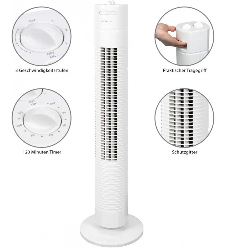 Clatronic TVL 3770 Tower Fan, 3 Speed Levels, 75° Oscillating (Switchable), 120 Minute Timer, White