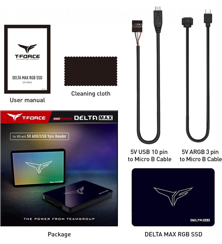 TEAMGROUP T-Force Delta MAX Lite (Dramless) ARGB 1TB with 3D NAND TLC 2.5-inch SATA III Internal SSD (R/W Speed ​​up to 550/500MB/s) T253TM001T0C325