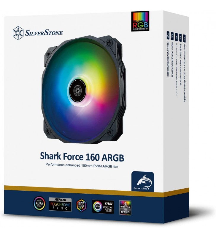 Silverstone Shark Force 160 ARGB Performance Enhanced 160mm PWM ARGB Fan (Compatible with 140mm fan mounts), SST-SF160B-ARGB