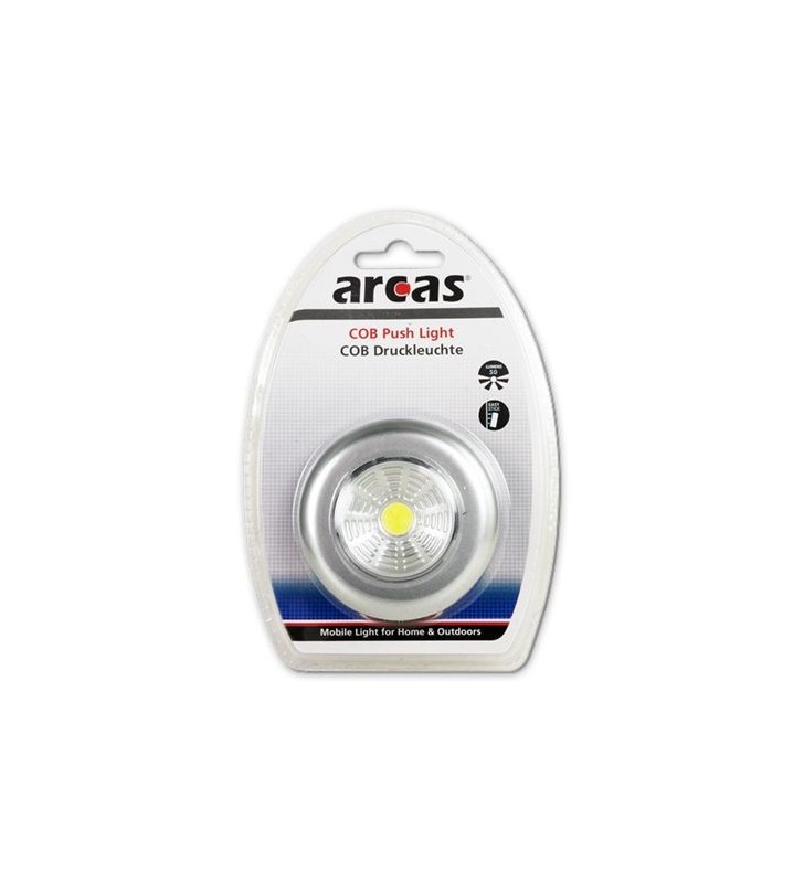 Arcas Germania lampa COB Push Light 1 SMD LED utilizeaza 3 baterii AAA contine folie adeziv pentru fixare 30740013